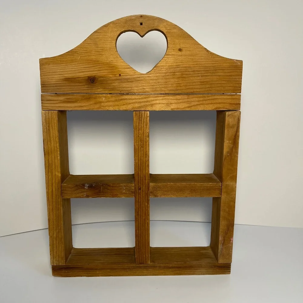 Vintage Handmade Wooden Heart Cutout Wall Shelf Shadow Box Cubby Brown Country